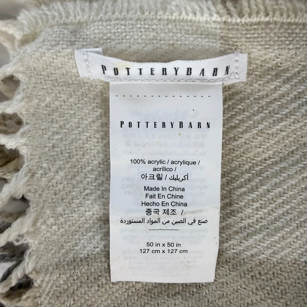 Pottery Barn Grey Beige Tan Plaid Fringe Throw Blanket 50x50 Soft Square